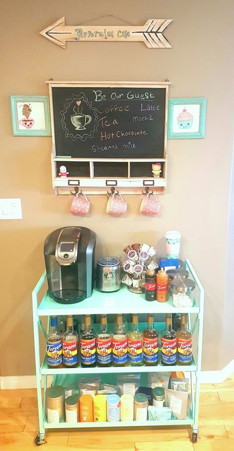 My home coffee bar. Mint colored with pink accents. Coffee Bar Ideas, Tiny Room, Home Coffee Bar, Coffee Bar Home, Tea Bar, Coffee Corner, Barbie Dream, Barbie Dream House, House Projects