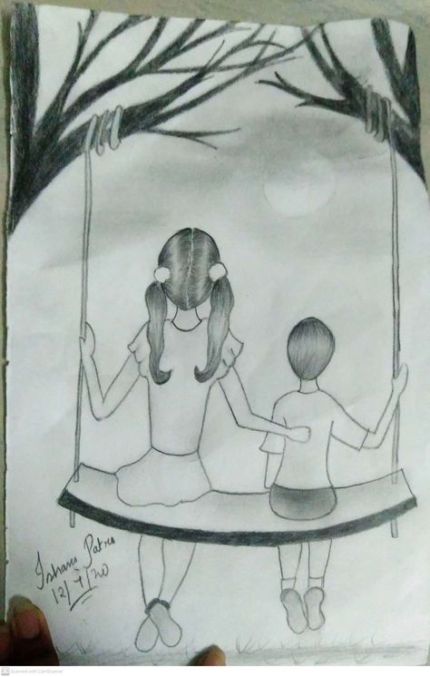 Hi guys! I drew this pencil sketch of two siblings - a sister and a brother sitting together on a swing.  The materials used are - pencils (HB , 2b , 4b and 6b) , blending tool , eraser and a scale. How To Draw Brother And Sister, Brother Sister Drawing Sketch Easy, Sister And Brother Drawing, Brother Sister Drawing Sketch, Brother Sister Drawing, Brother And Sister Drawing Easy, Brother And Sister Drawing, Siblings Drawing, Sisters Drawing