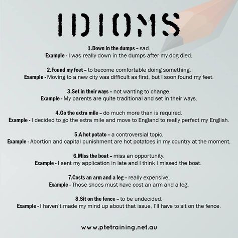 IDIOMS!  https://www.ptetraining.net.au/  #ptetraining #idioms English Teacher Lesson Plans, English Notes, Study English Language, English Time, Study English, English Phrases Idioms, Instagram Captions Clever, Idioms And Phrases, Christian Yu