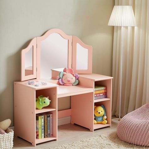 Amazon.com: Kovhzcu Kids Vanity, 2 in 1 Princess Makeup Vanity Storage Cabinet with Detachable Top, Girls Vanity Set with Tri-fold Mirror, Kids Vanity Set with Mirror Age 3-9 (Pink) : Home & Kitchen Mirror Kids, Kids Vanity Set, Vanity 6, Makeup Vanity Storage, Girls Vanity, Anime Ideas, Princess Makeup, Trifold Mirror, Vanity Set With Mirror