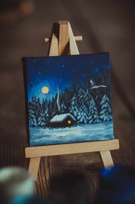 #painting #acrilic Small Christmas Paintings Mini Canvas, Simple Christmas Paintings, Mini Canvas Ideas, Painting Gift Ideas, Tiny Canvas, Tiny Paintings, Winter Paintings, Winter Moon, Draw Painting