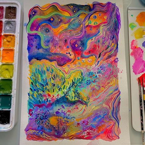 Karen Cheok ( KC ) ⚡️ on Instagram: ““Eudaimonia” ✨ gouache on watercolour paper. ‎ I painted this piece when I just recovered from a mental breakdown. I’ve been dealing with…” Gouache Art, Arte Sketchbook, Art Inspiration Painting, Painting Art Projects, Art Portfolio, Funky Art, Art Abstrait, Drawing Techniques, Art Project