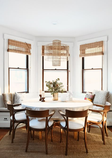 bay window breakfast nook :: This Charming Pittsburgh Home Has 3 Hidden IKEA Hacks—Can You Spot Them? Farmhouse Style Dining Room, Modern Farmhouse Dining Room, Farmhouse Dining Room Table, Dining Room Remodel, Modern Farmhouse Dining, Farmhouse Side Table, Dining Room Light Fixtures, Craftsmen Homes, Dining Nook