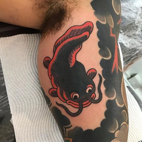 Japanese Catfish Tattoo, Traditional Catfish Tattoo, Namazu Catfish, Namazu Tattoo, Catfish And The Bottlemen Tattoo, Catfish Tattoo, Tattoo Catalog, Solid Black Tattoo, Simple Tattoos For Guys