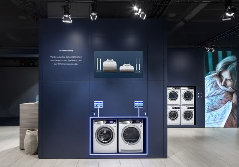 Electrolux | Swissbau | Basel 2018 on Behance Dart Design, Laundry Shop, Laundry Design, Mall Design, Cheap Pendant Lights, Showroom Interior Design, Lighting Showroom, Exhibition Booth Design, Exhibition Display