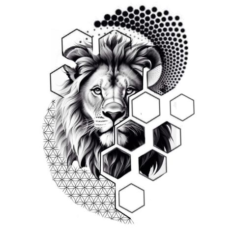 Lion Mandala Tattoo Design, Hexagon Tattoos, Japanese Leg Tattoo, Arm Tattoos For Guys Forearm, Hexagon Tattoo, Geometric Lion Tattoo, Lion Art Tattoo, Geometric Line Tattoo, Persian Tattoo