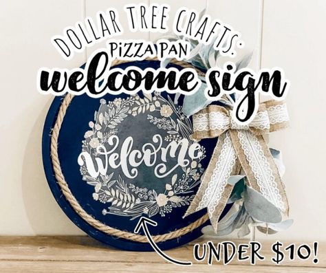 Pizza pan Dollar Tree decor is some of my favorites, I have a few myself!  Check out this tutorial on how to make a welcome sign from a pizza pan! Dollar Tree Welcome Sign, Easy Dollar Tree Crafts, Dollar Tree Diy Projects, Easy Personalized Gifts, Black Chalkboard Paint, Easy Teacher Gifts, Personalized Clipboards, Make A Wreath, Dollar Tree Pumpkins