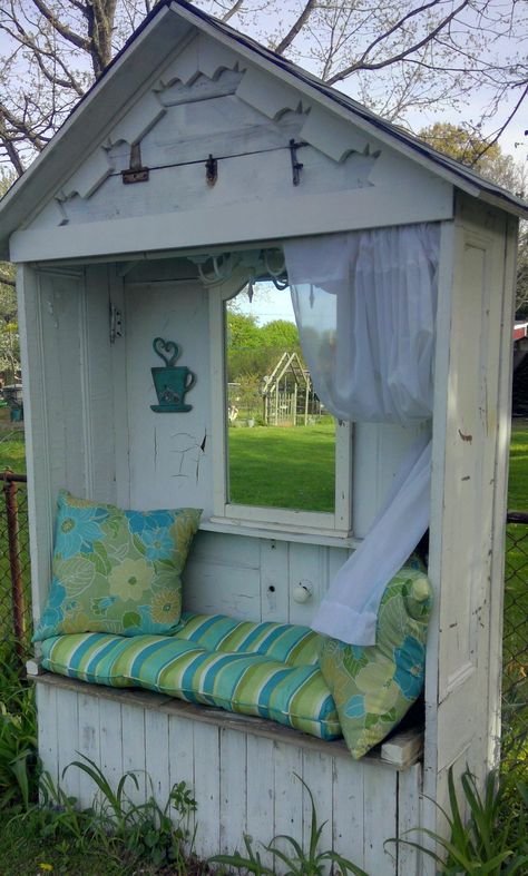 I made this Cozy Reading Nook from recycled doors. Above the mirror I just had to add a Chandelier inside. Garden Reading Nook, Reading Nook Diy, Outdoor Reading Nooks, Outdoor Reading, Recycled Door, Backyard For Kids, Reading Nooks, Old Doors, Cozy Reading Nook