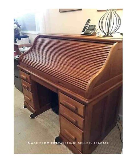 Roll Top Desk Reinvented Painted Rolltop Desk, How To Refinish A Roll Top Desk, Refurbished Old Desk, Painting A Roll Top Desk, Roller Desk Makeover, Painted Roll Top Desk Ideas, Redo Desk Ideas Diy, Repurpose Roll Top Desk Ideas, Refinished Roll Top Desk