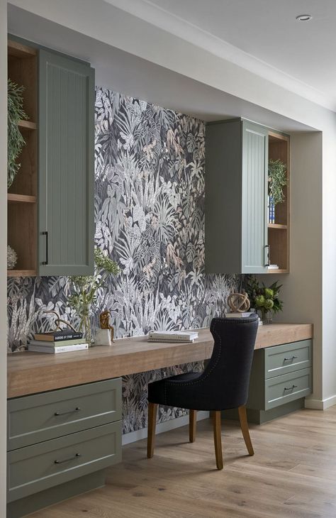 sage green home office joinery with shaker style profile and tropical wallpaper Built In Desk Ideas, Home Office Cabinetry, Home Office Built Ins With Desk, Sage Green Office, Green Home Offices, Work From Home Space, Metricon Homes, Cottage Office, Home Office Built Ins