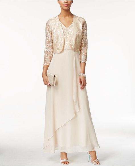 Tahari ASL Jacket Dress Sequin-Lace Gown and Jacket Satin Dress With Jacket, Lace Top Gown, Gown With Jacket, Two Piece Gown, Open Jacket, Sleeveless Gown, Alex Evenings, Lace Jacket, A Line Gown