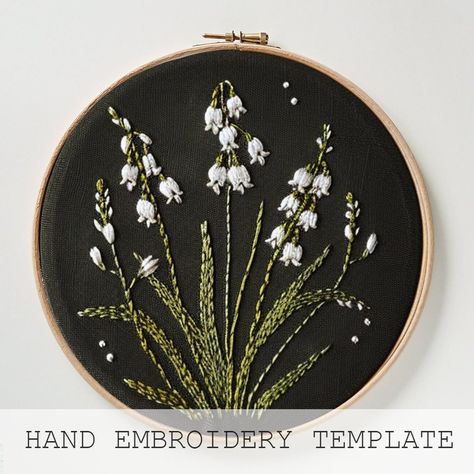 Lily of the Valley, Floral Embroidery, Birth Flower Embroidery Design, Hand Embroidery Art, Needlework, Easy Embroidery, Embroidery Template - Etsy Classic Embroidery Design, Lily Of The Valley Embroidery Design, Floral Hand Embroidery Designs, Embroidery Lily Of The Valley, Lily Of The Valley Embroidery Pattern, Hollyhock Embroidery, Masculine Embroidery Designs, Birth Flower Embroidery, Lilies Embroidery