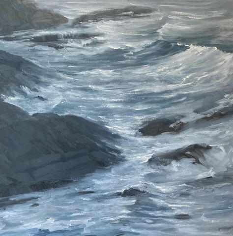 Oil Painting - Using a limited palette, this original oil painting on linen depicts the powerful coastal waters of the North-East Atlantic Ocean rushing over the rocky shore. Gallery-wrapped canvas with solid painted sides. Grey Landscape Painting, Water Painting Simple, Ocean Painting Aesthetic, Blue Paintings, Freetime Activities, Ocean Art Painting, Painting On Linen, Futurism Art, Wattpad Background