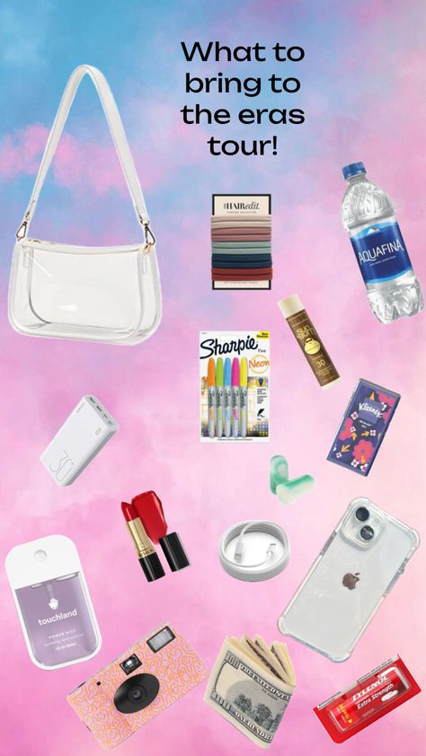 #what to bring to the￼ eras tour! What To Bring To Eras Tour, Eras Tour Packing List, Eras Tour Checklist, Eras Tour Must Haves, Eras Tour Essentials, Eras Tour Tips, Clear Purses, Packing Lists, Tour Outfits