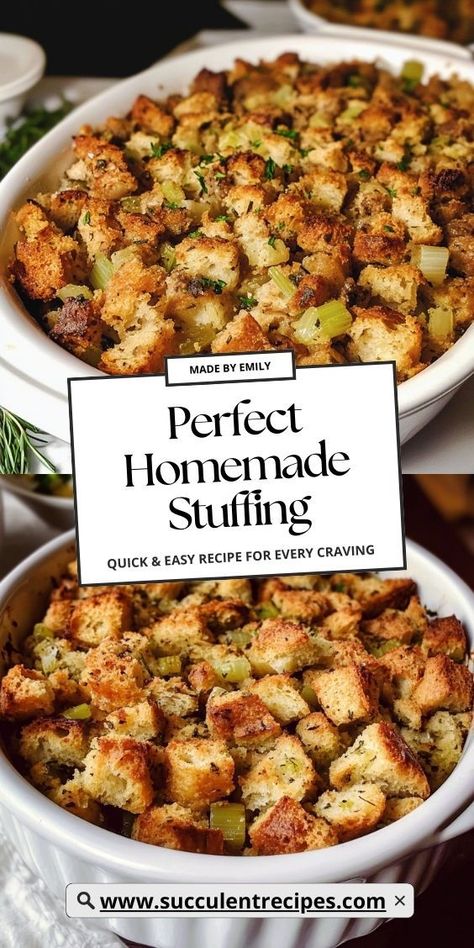 Make your holiday dinner complete with this Perfect Homemade Stuffing! Packed with savory herbs, bread cubes, and vegetables, it's a classic side dish that everyone will love. Simple Is Best Stuffing, Stuffing With Homemade Bread, Herbed Stuffing Recipes, Homage Stuffing, Sweet And Savory Stuffing Recipes, Half Baked Harvest Stuffing, Stuffing Small Batch, Stuffing Cubes Recipe, Pancetta Stuffing Recipes