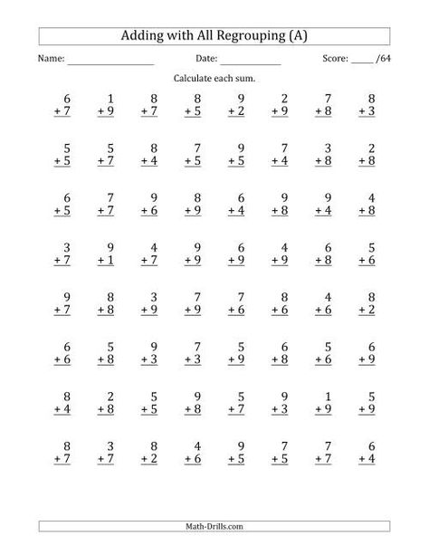 The 64 Single-Digit Addition Questions with All Regrouping (A) Math Worksheet Easter Math Worksheets, Fact Family Worksheet, Thanksgiving Math Worksheets, Money Math Worksheets, Multiplication Facts Worksheets, Halloween Math Worksheets, Math Fact Worksheets, Christmas Math Worksheets, Math Addition Worksheets