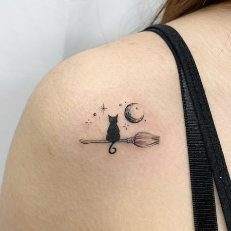 Cat And Moon Tattoo Design, Cat On Moon Tattoo, Salem Tattoo Ideas, Simple Gothic Tattoos, Cat Tattoos For Women, Black Cat Tattoo Ideas, Matching Cat Tattoos, Fluffy Black Cat, Origami Tattoo