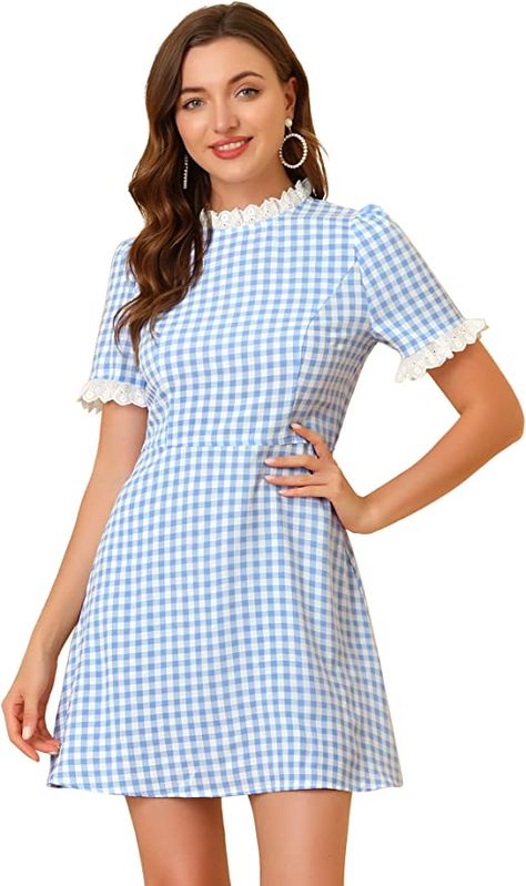 Allegra K Women's Summer Ruffle Neck Lace Panel Short Sleeve Check Gingham Dress Small Blue at Amazon Women’s Clothing store Halloween Dorothy, Blue Gingham Dress, Dorothy Dress, Kawaii Dress, Plaid Summer Dress, Check Dress, Round Neck Dresses, Dress Costume, Knee Dress