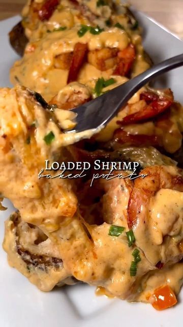 Loaded Shrimp Baked Potato, Shrimp Baked Potato, Seafood Dish Recipes, Potato Filling, Cooked Shrimp, Delicious Seafood Recipes, Best Seafood Recipes, Baked Potato Recipes, Chicken Healthy