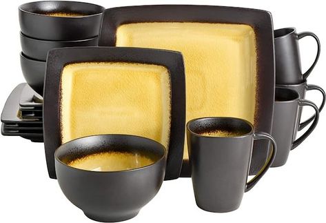 Gibson Elite Ocean Paradise Square Reactive Glaze Stoneware Dinnerware Set, Service for 4 (16pcs), Amber Ocean Paradise, Square Dinnerware Set, Color Burst, Red Chocolate, Home Meals, Stoneware Dinnerware Sets, Fast Cleaning, Stoneware Dinnerware, Reactive Glaze