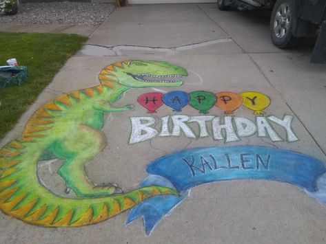 Dinosaur themed birthday chalk drawing by Melissa Hoadley Arps Dinosaur Birthday Chalkboard Art, Chalk Dinosaur Drawing, Dinosaur Chalk Art, Birthday Chalkboard Art, Dinasour Birthday, Jurassic Park Birthday Party, Dinosaur Birthday Theme, Jurassic Park Birthday, Dinosaur Room Decor