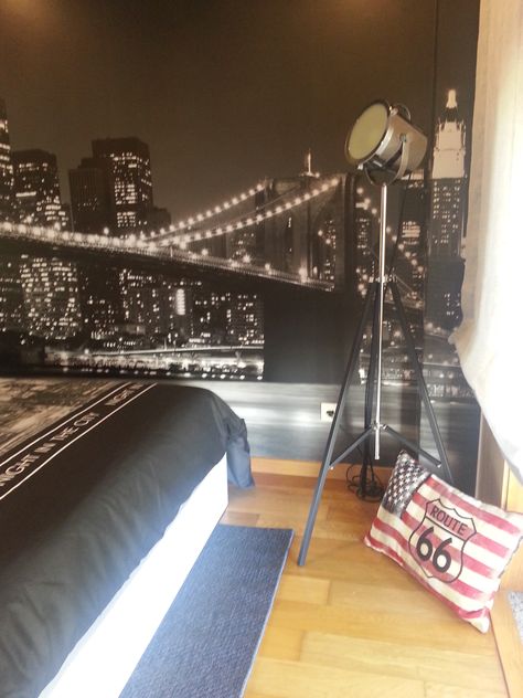 My Teenage Son`s Bedroom Decor...New York Theme Posh Bedroom, New York Bedroom, Nyc Rooms, City Bedroom, New York Theme, Los Angeles Apartments, Teenage Son, City Decor, New York City Apartment