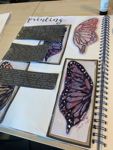 Textiles Butterfly, Research Page Ideas, Sketchbook Butterfly, A Level Textiles Sketchbook, Art Folio Ideas, Natural Forms Gcse, Sketchbook Examples, Textiles Book, Visual Art Diary