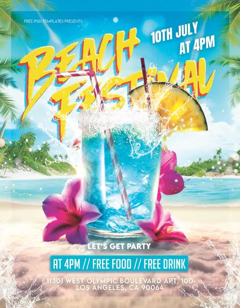 Check out the Free Beach Festival Flyer Template for your next club and party event. FreePSDFlyer.com is the best resource full of amazing Free PSD Flyer Templates for Photoshop! Create amazing flyer, poster or social media designs with our free templates. Beach Party Flyer Design, Beach Flyer Design, Beach Party Poster, Drink Flyer, Ginnie Springs, Beach Party Flyer, Flyers Ideas, Party Design Poster, Free Flyer Design