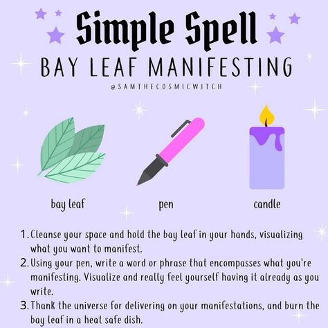 🦋🌙🧘🏻‍♀️🧚🏼‍♀️ on Instagram: “Manifesting With Bay Leaf 🍃🕉🌙” Burn Bay Leaves, Learn Hypnosis, Manifestation Spells, Witchcraft Spells For Beginners, Spells For Beginners, Easy Spells, Wiccan Magic, Witch Spirituality, Magic Spell Book