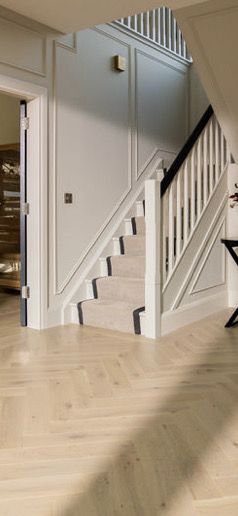 Double Height Panelling, Full Height Panelling Hallway, Panelled Hallway Stairs, Panelled Staircase, Panelled Hallway, Hallway Panelling, Hallway Decorating, Wall Paneling, Hallway