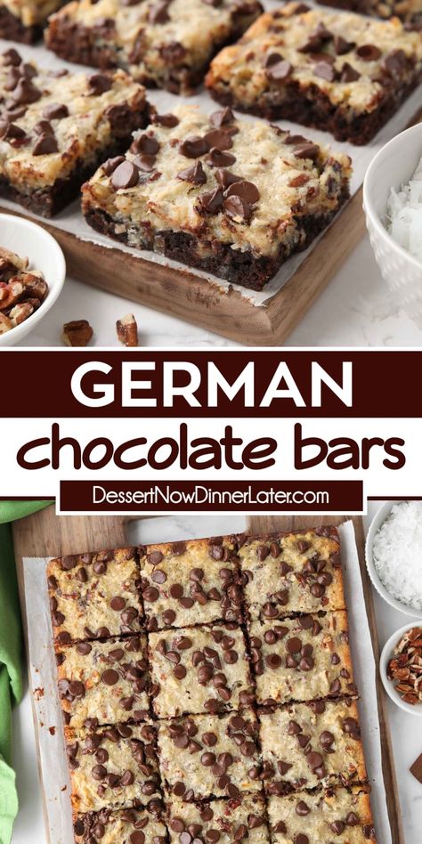 German Chocolate Bars consist of two layers baked together in one pan. A cake-like fudge brownie bottom and chewy coconut pecan topping studded with creamy chocolate chips. Everything you love about German Chocolate Cake in an easy to make dessert bar. German Chocolate Squares, German Chocolate Desserts Easy, German Chocolate Bars, Chocolate Dessert Bar, German Chocolate Brownies, German Chocolate Cookies, Bars Dessert, Bar Desserts, October Fest