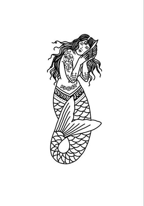 Mermaid Tattoo Sketch, Sailor Mermaid Tattoo, Tattooed Mermaid Tattoo, Vintage Witch Tattoo, Siren Tattoo Traditional, Trad Mermaid Tattoo, Mermaid Tattoo Traditional, Old School Mermaid Tattoo, Mermaid Pinup Tattoo