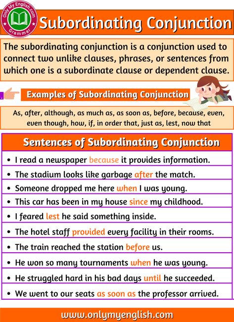 What is a Subordinating Conjunction? Examples and Sentences Conjunction Examples, Subordinating Conjunctions Worksheets, Noun Examples, Conjunctions Activities, Subordinate Clauses, Teaching Punctuation, Literacy Classroom, English Language Learning Activities, English 101