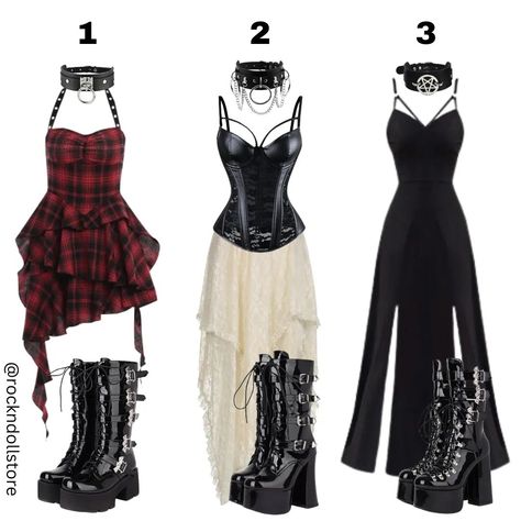 1, 2, or 3? 🖤Get these outfits at the link in bio. 🦇🖤🦇 . . . #goth #lgothfashion #gothstyle #alternative #alternativefashion Rich Goth Outfits, Romance Goth Outfits, Romantic Goth Fashion 90s, Goth Performance Outfits, Casual Vampire Goth Outfits, Edgy Capsule Wardrobe, Goth Romance, Romantic Goth Skirt, Vampire Vibes