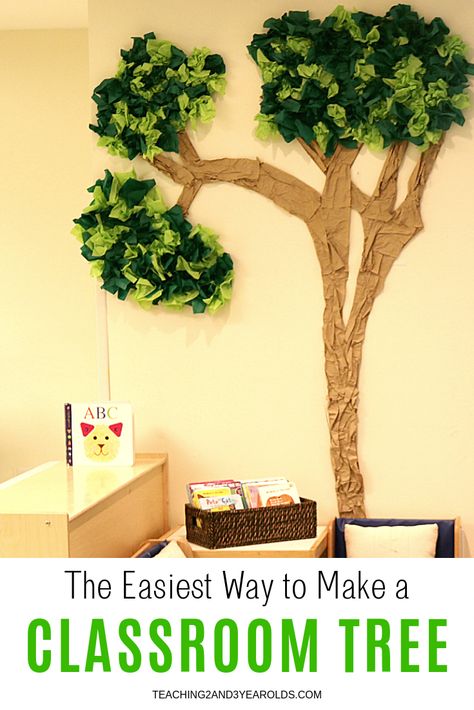 Learn how to make a simple classroom tree using cardboard and tissue paper with this easy tutorial! #classroom #preschool #toddler #design #backtoschool #age2 #age3 #teaching2and3yearolds Paper Tree Classroom, Cucumber Trellis Diy, Classroom Tree, Simple Classroom, Cardboard Tree, Preschool Supplies, Green Tissue Paper, 3d Tree, Diy Tree