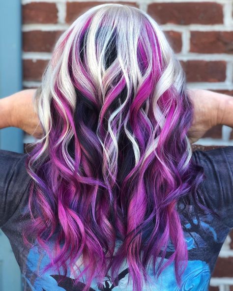 Hot Pink And Blonde Hair Highlights, Blonde Hair With Vibrant Colors, Vivid Highlights Blondes, Blonde Pink Black Hair, Color Block Hair Ideas Blonde, Pink And Purple Streaks In Blonde Hair, Blonde And Magenta Hair, Silver Hair With Pink Highlights, Cool Hair Color Combos