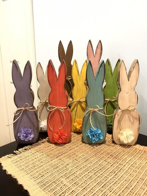 Colorful wood bunnies. Wood Peeps. Easter wood decorations. | Etsy Spring Wood Decor, Easter Wood Projects, Wood Bunnies, Easter Wood Signs, Wood Bunny, Wood Decorations, Peeps Easter, Easter Wood Crafts, Easter Decorating