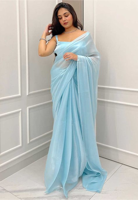 Solid Color Organza Saree in Light Blue Blue Organza Saree, Farewell Sarees, Blue Organza, Back Neck Designs, Drape Saree, Utsav Fashion, Net Saree, Blue Saree, Contemporary Fabric