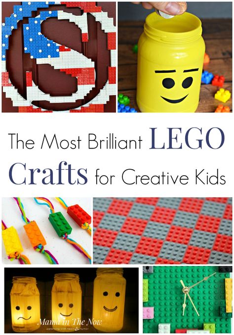 Brilliant LEGO crafts for creative kids. LEGO craft ideas for kids of all ages. Create with LEGO. Crafts for kids using LEGO. Projects for kids using LEGO. #LEGO #LEGOCrafts #LEGOFun #CraftsforKids #CreativeKids #MamaintheNow Lego Crafts For Kids, Lego Craft Ideas, Lego Vbs, Lego Painting, Lego Sign, Lego Balloons, Lego Crayons, Lego Decor, Diy Photo Ornaments