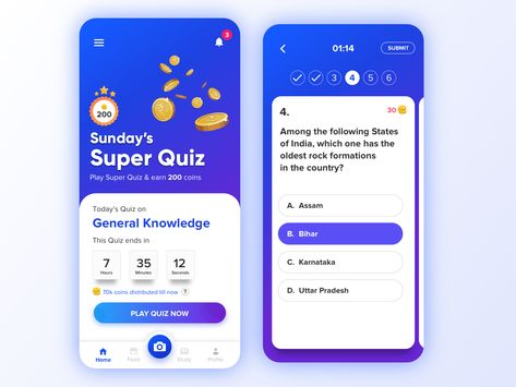 Quiz - Super Quiz by Shubham Verma Quiz App Ui, Trivia App, Ux App Design, Quiz Design, Ui Design Mobile, Mobile App Design Inspiration, App Interface Design, Ui Game, Online Quiz