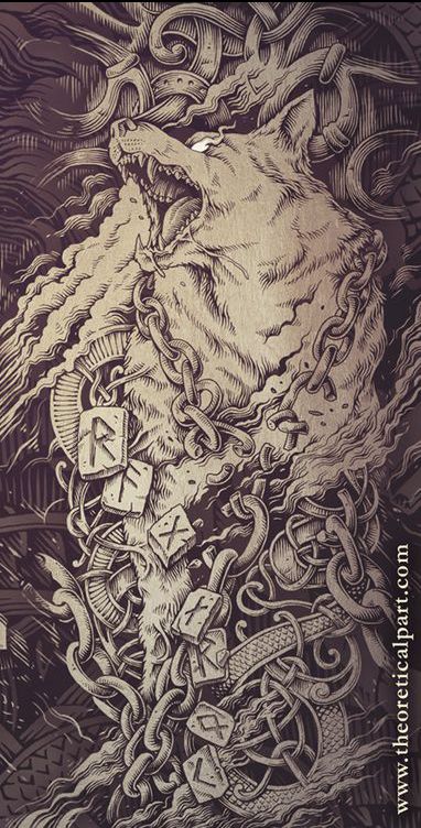 Odin Fenrir Tattoo, Fenrir Tattoo Mythology, Nordic Mythology Wallpaper, Fenrir Drawing, Norse Mythology Wallpaper, Fenrir Tattoo Design, Fenrir Norse Mythology, Fenrir Design, Fenrir Art