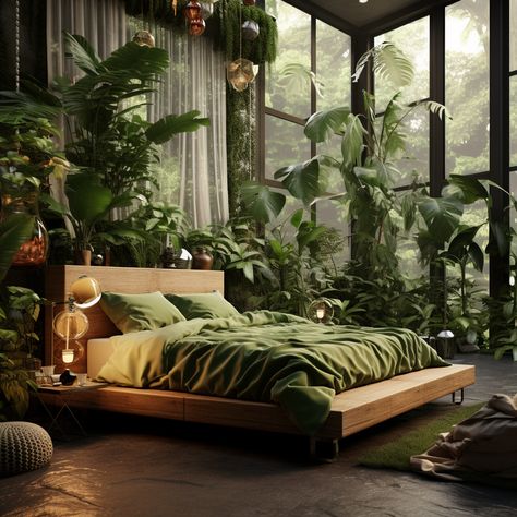 Modern Jungle Bedroom, Jungle House Bedroom, Green Plant Room Aesthetic, Forest Themed House, Jungle Aesthetic Room, Moody Plant Bedroom, Jungle Inspired Bedroom, Rainforest Inspired Bedroom, Jungle Bedroom Aesthetic