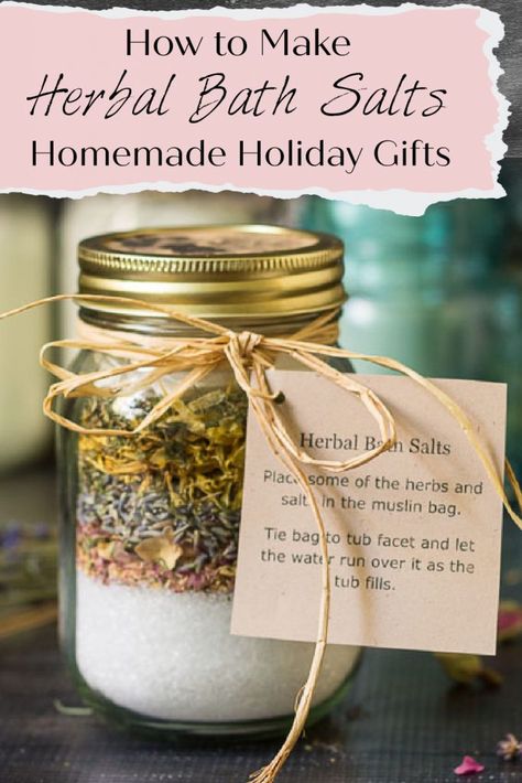 Make Bath Salts, Herb Bath, Bath Tea Recipe, Diy Spa Gifts, Bath Salt Jars, Bath Soak Recipe, Herbal Bath Salts, Diy Body Scrub Recipes, Salt Jar