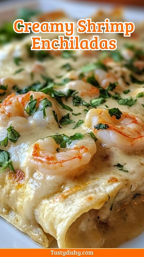 Delicious Creamy Shrimp Enchiladas Recipe You’ll Love! - Delicious Recipes - Easy Cooking Ideas and Tasty Dishes Easy Shrimp Enchiladas Recipes, Shrimp Enchilada Casserole, Easy Shrimp Enchiladas, Creamy Shrimp Enchiladas Recipe, Mexican Shrimp Dishes, Shrimp Enchiladas With Green Sauce, Seafood Enchiladas With White Sauce, Shrimp Enchiladas With White Sauce, Enchiladas Shrimp