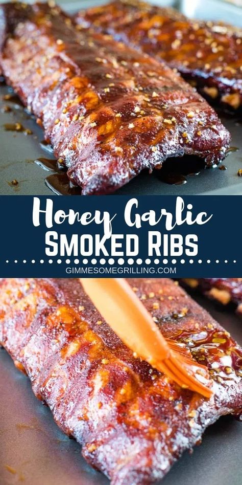 Smoked Ribs Recipe, Garlic Ribs, Honey Garlic Ribs, Traeger Smoker, Traeger Grill Recipes, Bbq Recipes Ribs, Smoked Pork Ribs, Pellet Grill Recipes, Traeger Recipes