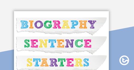 Biography Sentence Starters Teaching Resource Kindergarten Pictures, School Fonts, Middle School Lesson Plans, Writing Anchor Charts, Middle School Lessons, Sentence Starters, Phonics Kindergarten, Be Interesting, Informational Writing