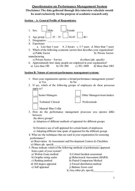 1 Questionnaire on Performance Management System Disclaimer: The data gathered through this interview schedule would be us... Research Questionnaire, Performance Management System, Performance Management, Academic Research, Album Archive, Interview, For Free