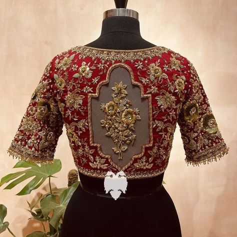 BlouseHousebyMahithaPrasad on Instagram: "Hey Brides! Checkout this intricately embroidered Red Bridal Blouse that is an artistic display of Indian Karigari. What makes this creation unique is the Floral Creeper nestled on the back which is hand embroidered on delicate net which requires great precision. When it comes to bridal designs, customized embroideries like this allow us to turn our bride’s vision into reality. DM us for a customised bridal blouse for your Big Day! #mahithaprasad Saree Blouse Aari Work, Aari Work Saree, Blouse Aari Work, Magam Work, Latest Bridal Blouse Designs, Sari Design, Fashionable Saree Blouse Designs, Wedding Blouse Designs, Aari Work Blouse