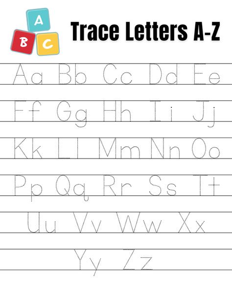 The image shows a printable tracing worksheet with dotted letters from A to Z. Each letter is displayed in uppercase and lowercase, and there is plenty of space for children to practice tracing each letter. The worksheet is designed to help children learn the alphabet and develop their writing skills in a fun and interactive way. A-z Writing Worksheet, Trace Alphabet Letters, A To Z Writing Worksheet, Letters Revision Worksheets, A To Z Tracing Worksheet, A To Z Worksheet Kindergarten, Trace The Alphabet Printable Worksheets, Letter Tracing Printables Free A-z, Ato Z Alphabet Worksheet