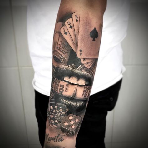 Money Gambling Tattoos, Money Mouth Tattoo, Mouth With Money Tattoo, Poker Inspired Tattoo, Poker Tattoo Sleeve, Life’s A Gamble Tattoo Design, Roullete Tattoo, Casino Theme Tattoo, Russian Roulette Tattoo